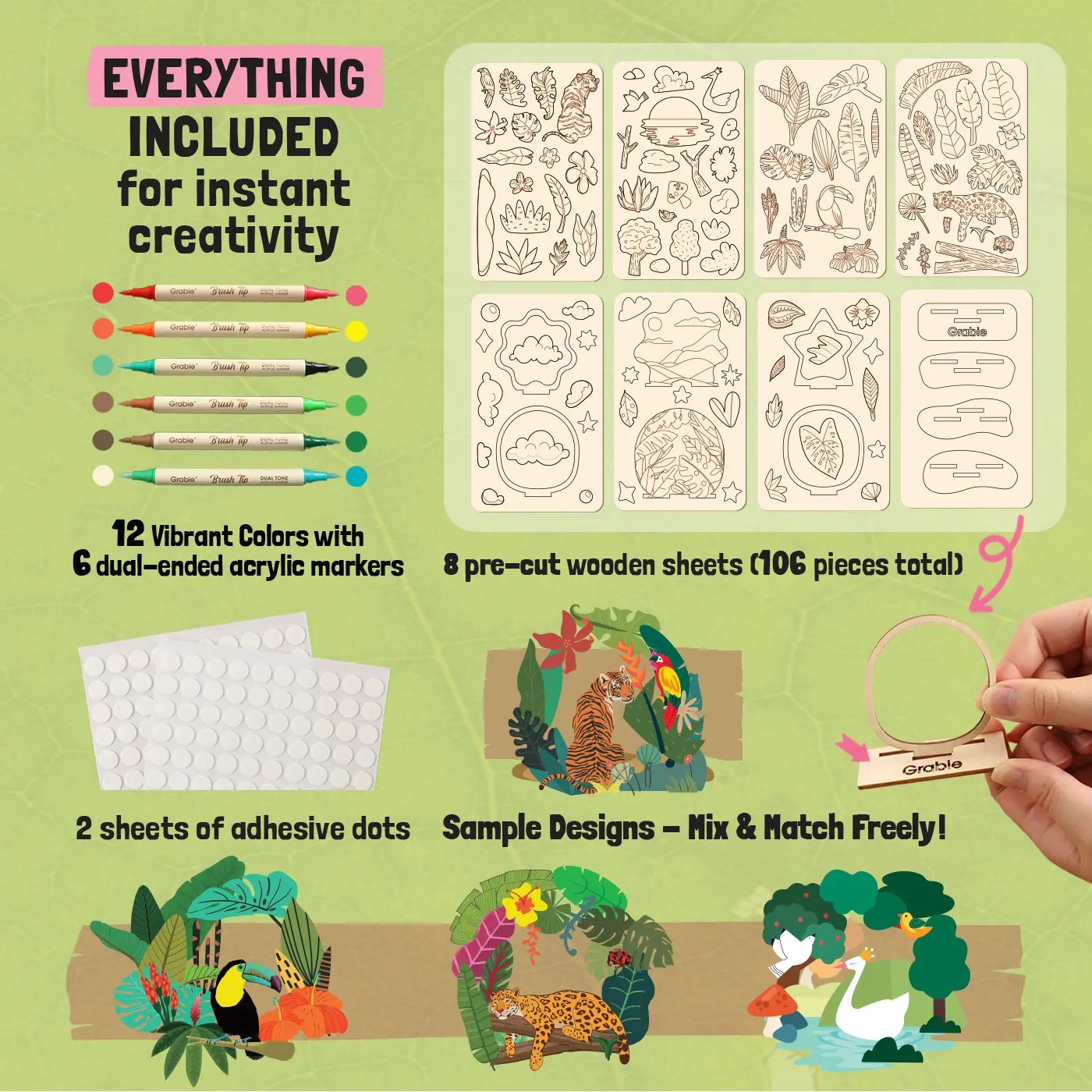 🎨 Beginner-Friendly 2-Collection Wood Painting Craft DIY Kit | Complete Bundle with 195 Pre-Cut Wooden Pieces, 24 Acrylic Colors & Adhesive Dots Included 💕