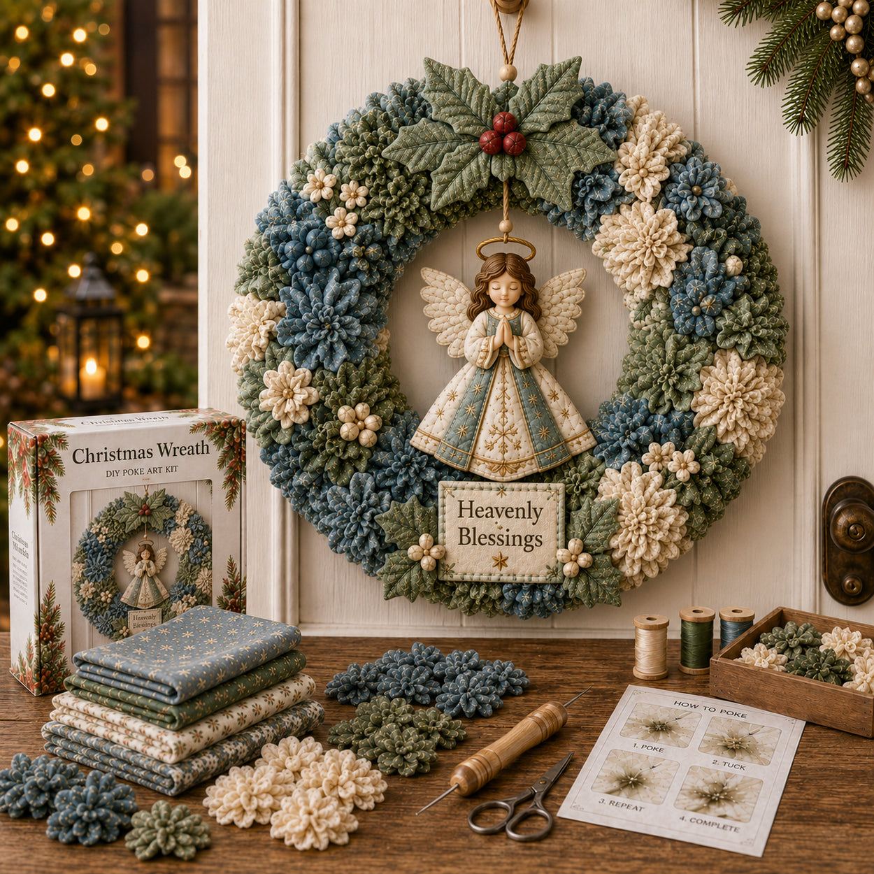 Heavenly Blessings Angel poke wreath kit materials and finished wreath