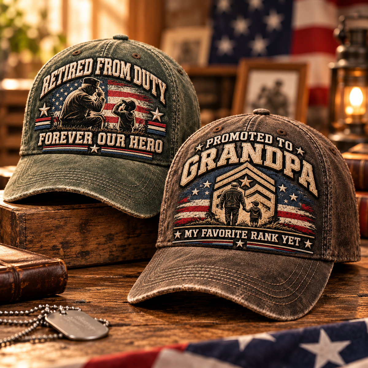 Forever Our Hero veteran and grandpa tribute caps together