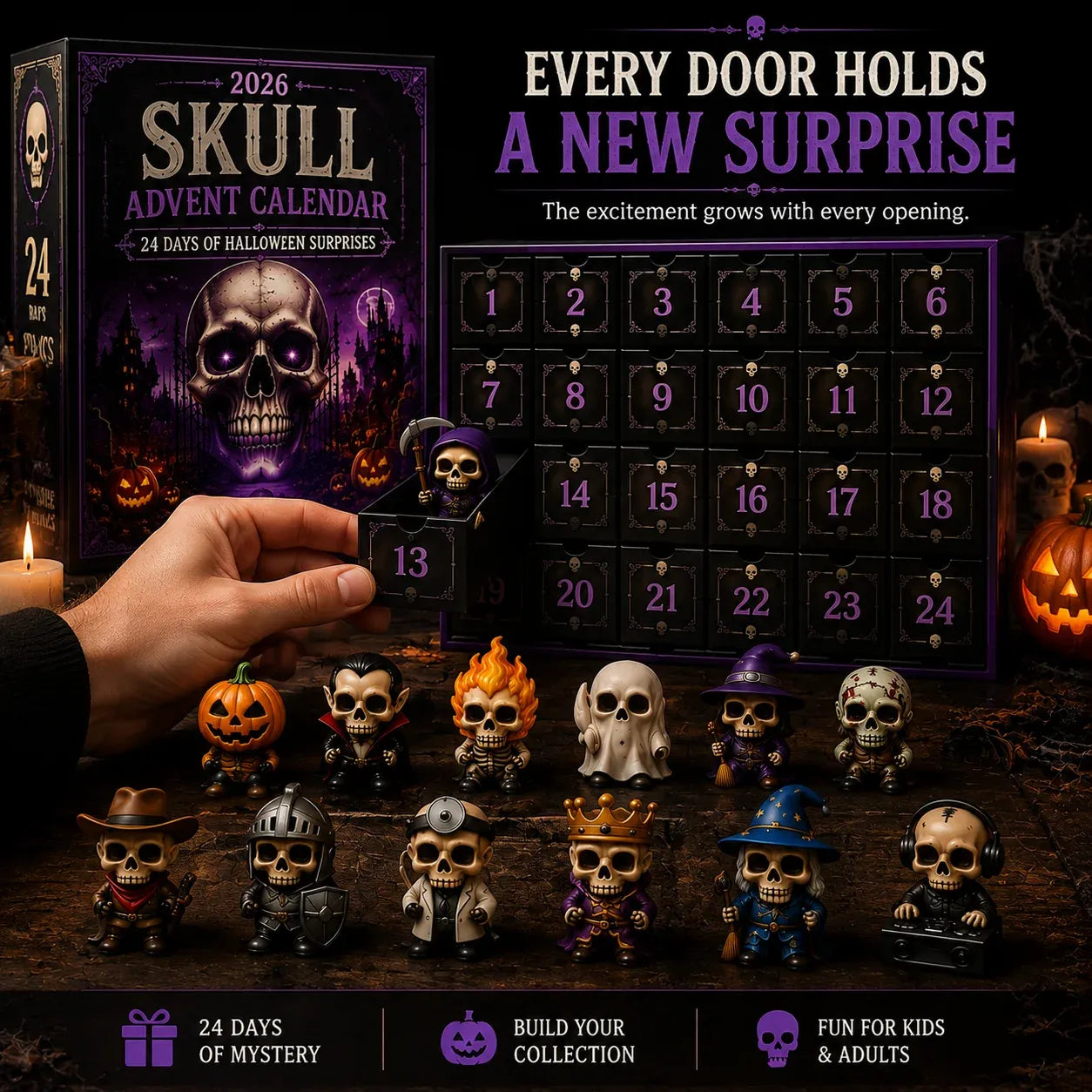 ⏳ Last Day 49% OFF – 💀 2026 Skull Halloween Advent Calendar | 24 Unique Collectible Skull Characters with Vampire, Pirate, Wizard & Monster Designs 🎃