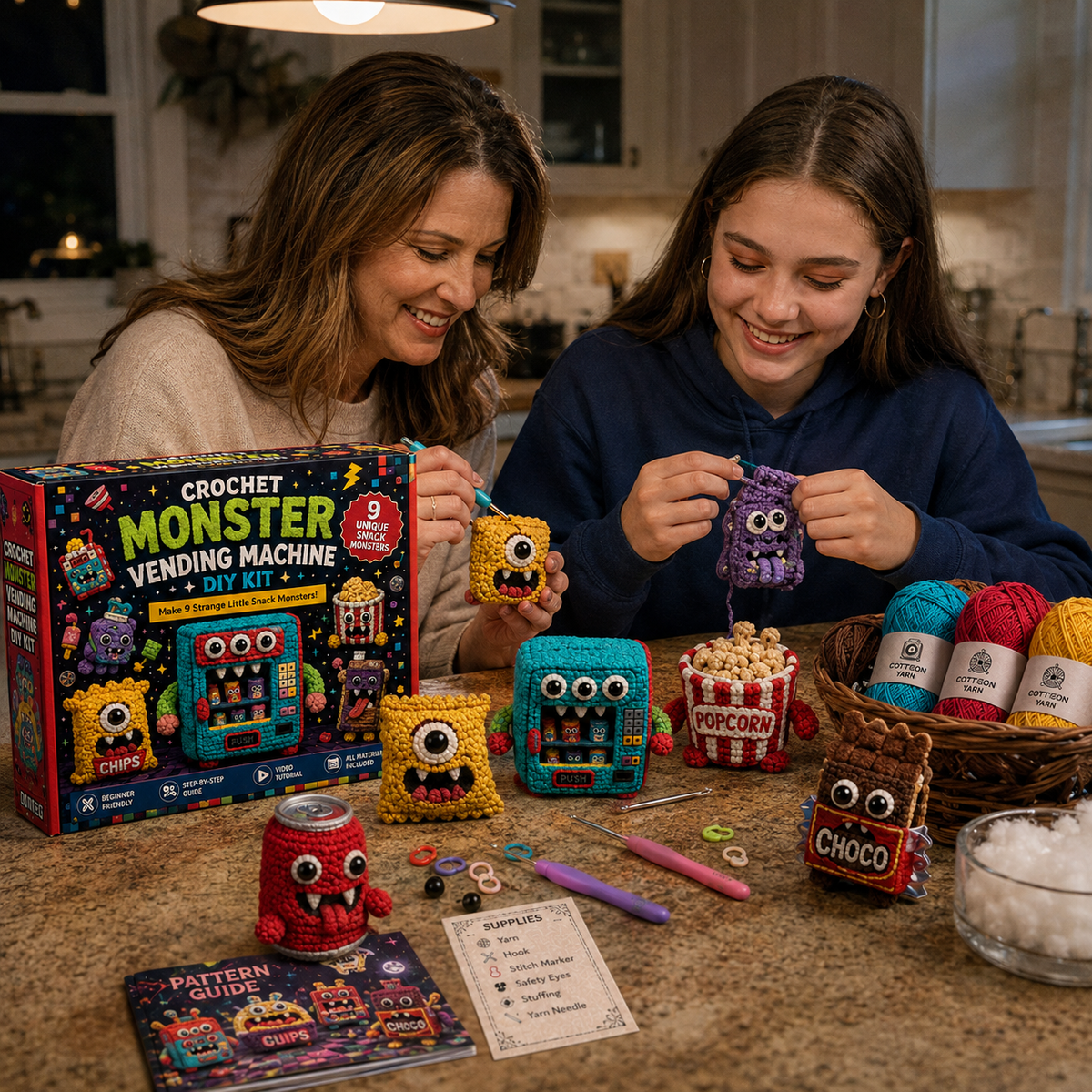 Mother and daughter crocheting Monster Vending Machine characters