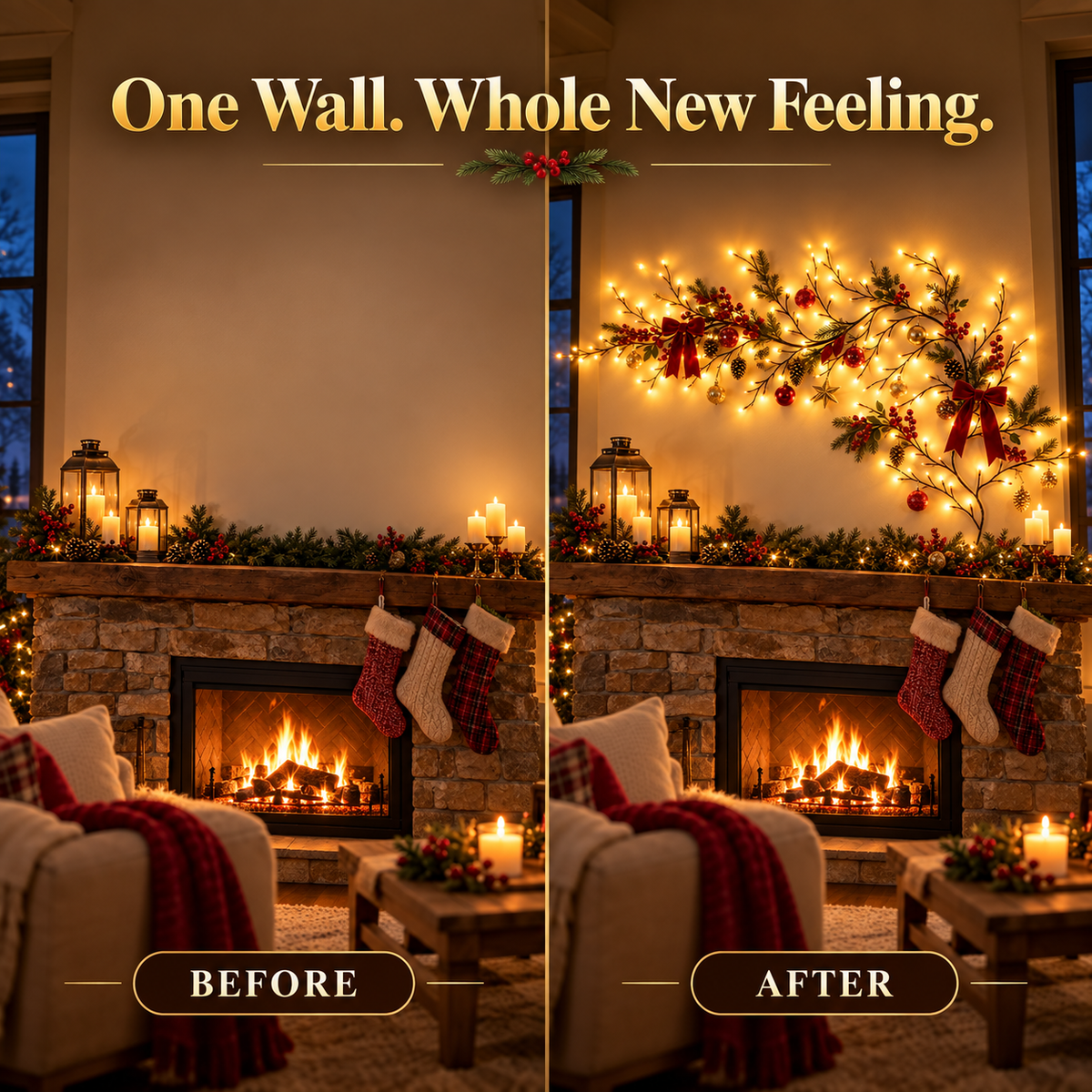 GlowBranch Christmas wall lights before and after
