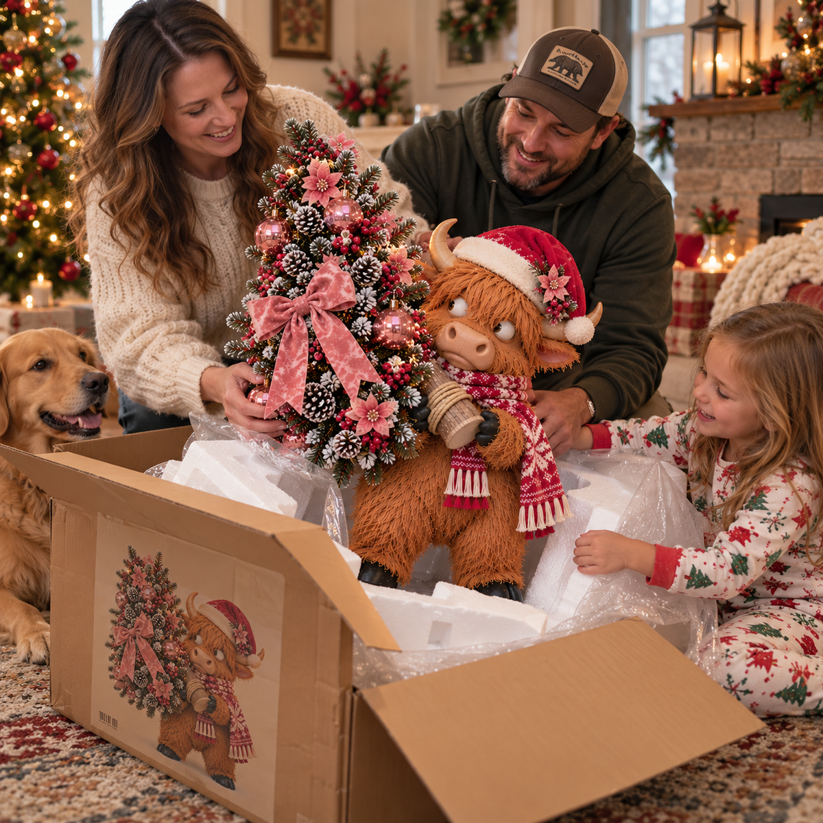 🎄🐮 Pinkmas Tree Bandit™ – Funny Lighted Highland Cow Carrying a Sparkling Pink Christmas Tree, Whimsical Holiday Porch Decor 🎀✨