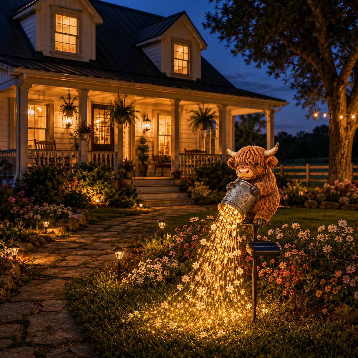 Highland Cow solar waterfall light glowing outside farmhouse