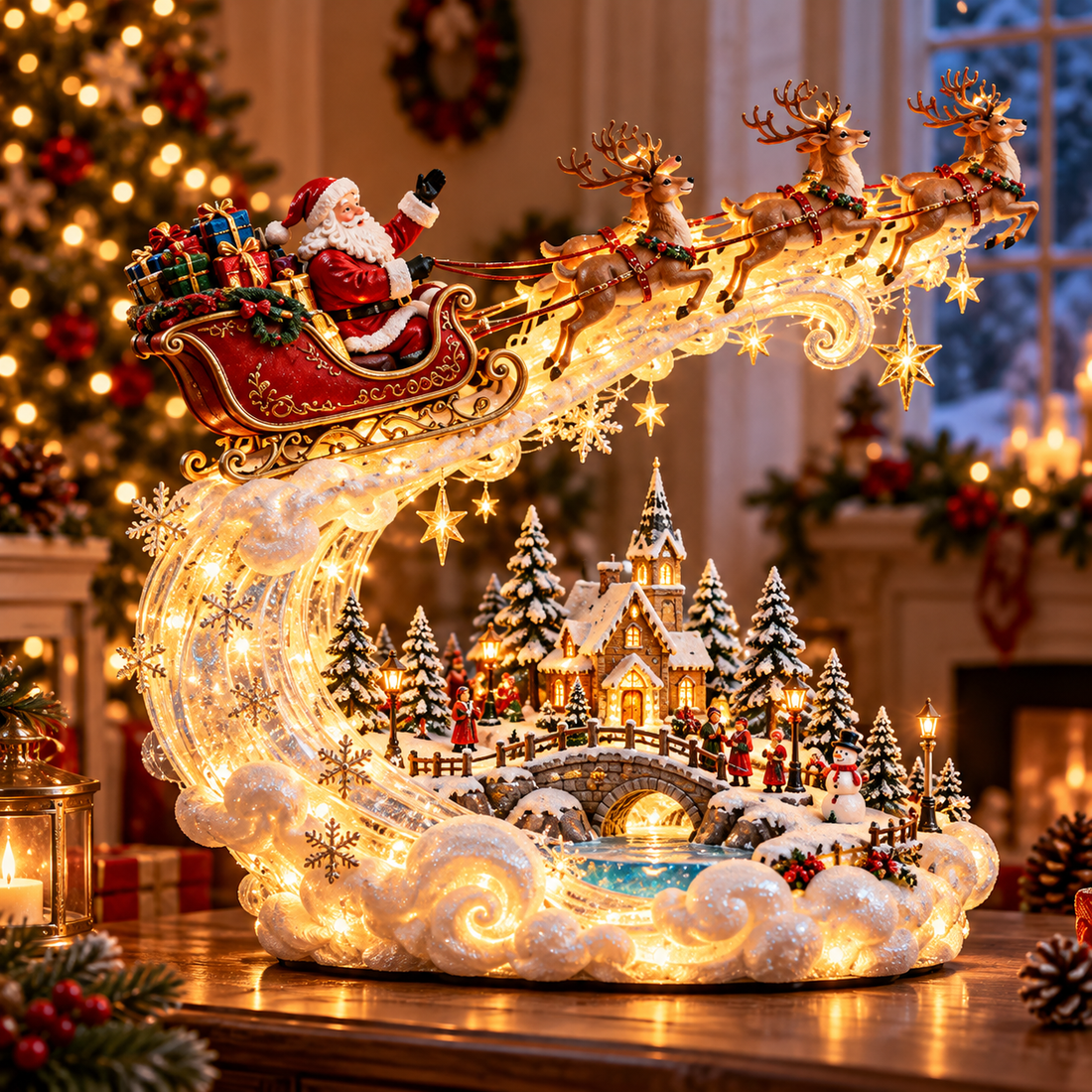 Starlit Sleigh Flight Christmas decoration with Santa and glowing golden sleigh trail