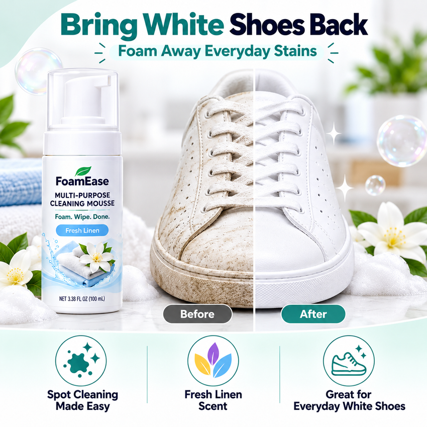 FoamEase Fresh Linen illustrated before and after white sneaker cleaning