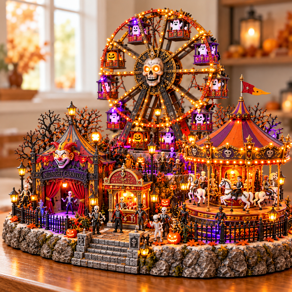 Never-Ending Haunted Carnival Light with glowing skull Ferris wheel, ghost gondolas, spooky carousel and Halloween circus