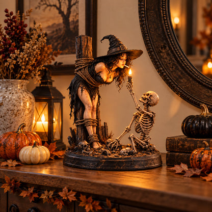 🧙 Witch & Skeleton Candle Scene Figurine – Dark Gothic Halloween Tabletop Decor