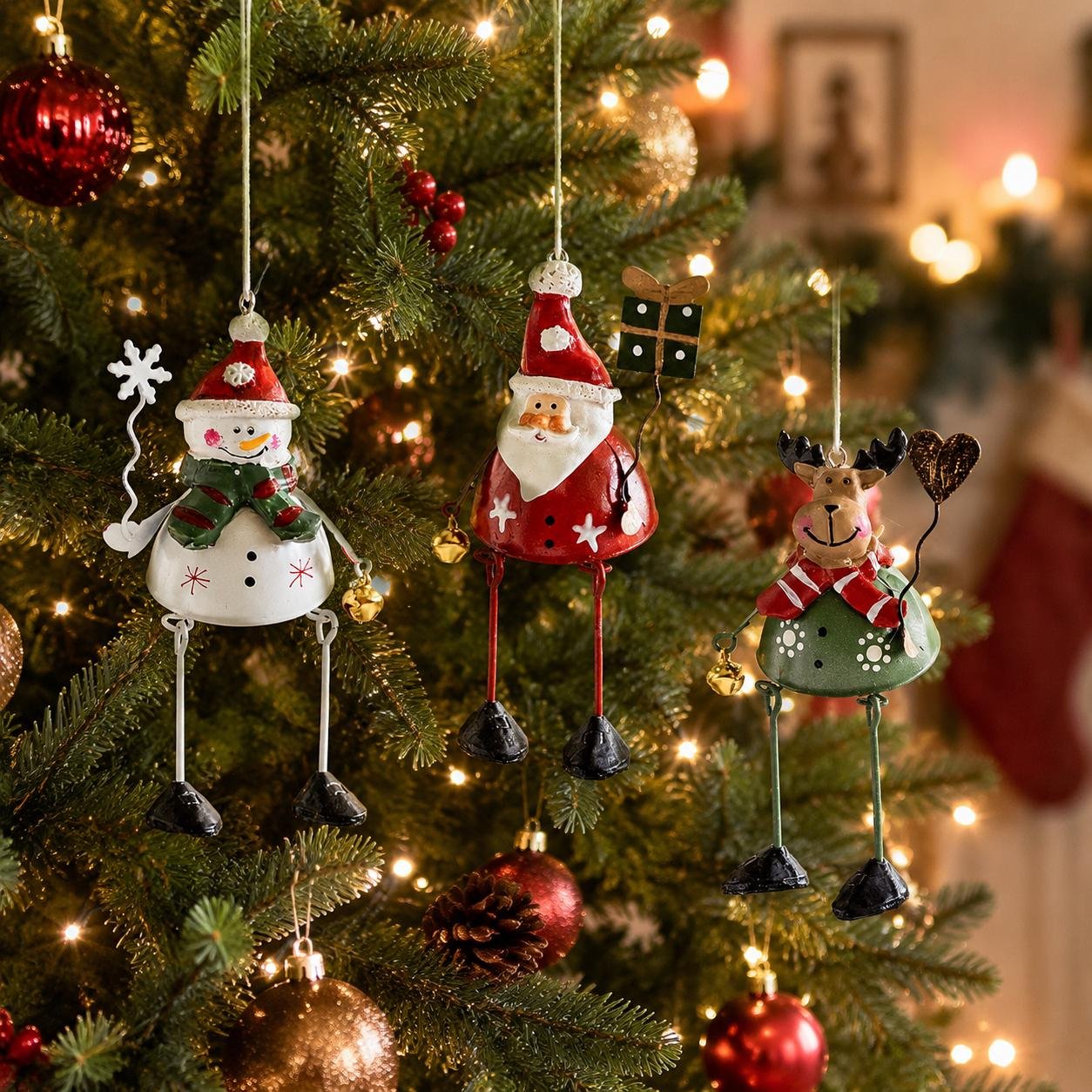 Hand painted dangling leg Christmas ornaments on tree