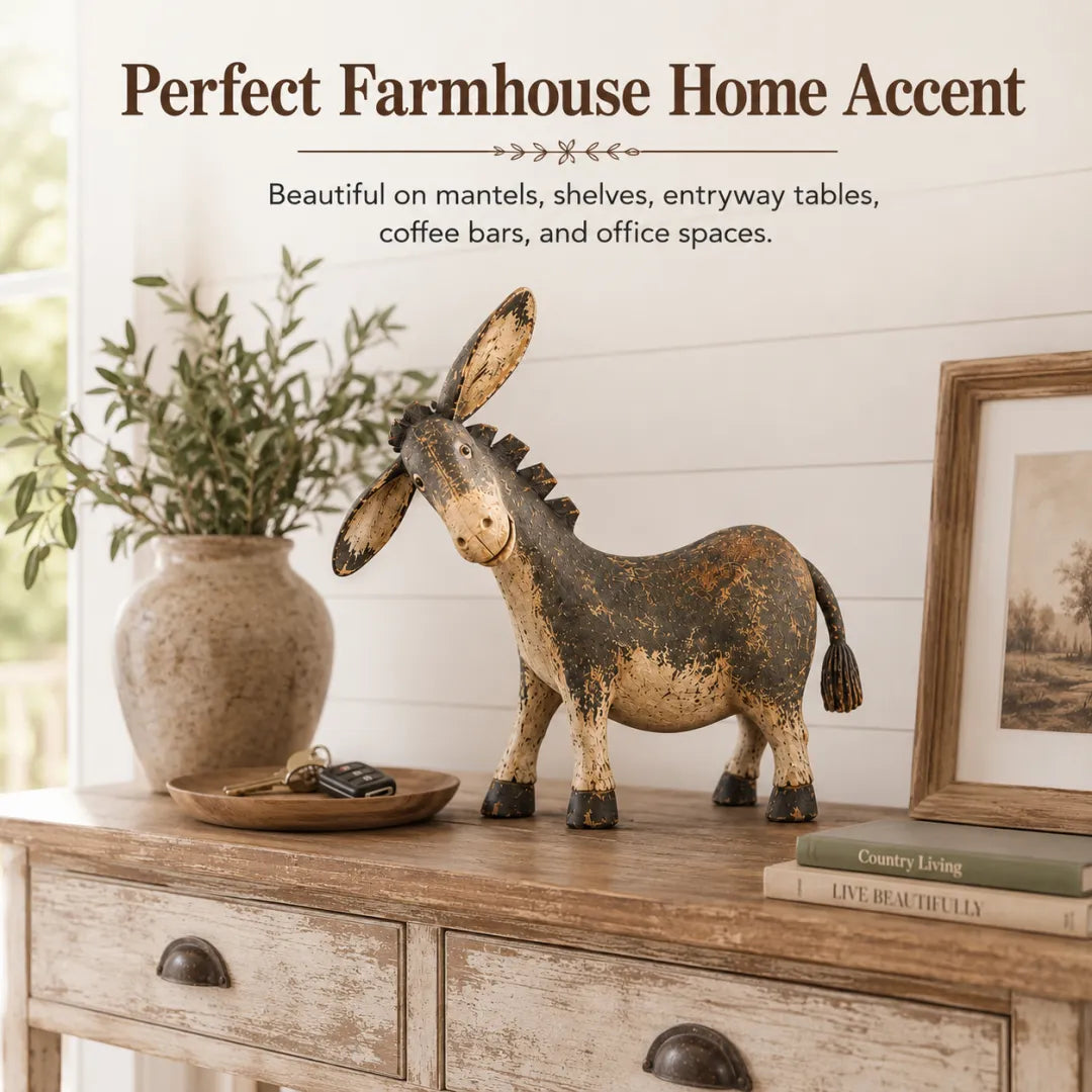Rustic donkey figurine on farmhouse entryway table