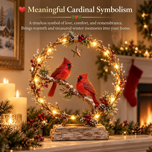 🔥🎁Lighted Cardinal Tabletop Decor, Rustic Red Cardinal Pair with Warm LED Lights