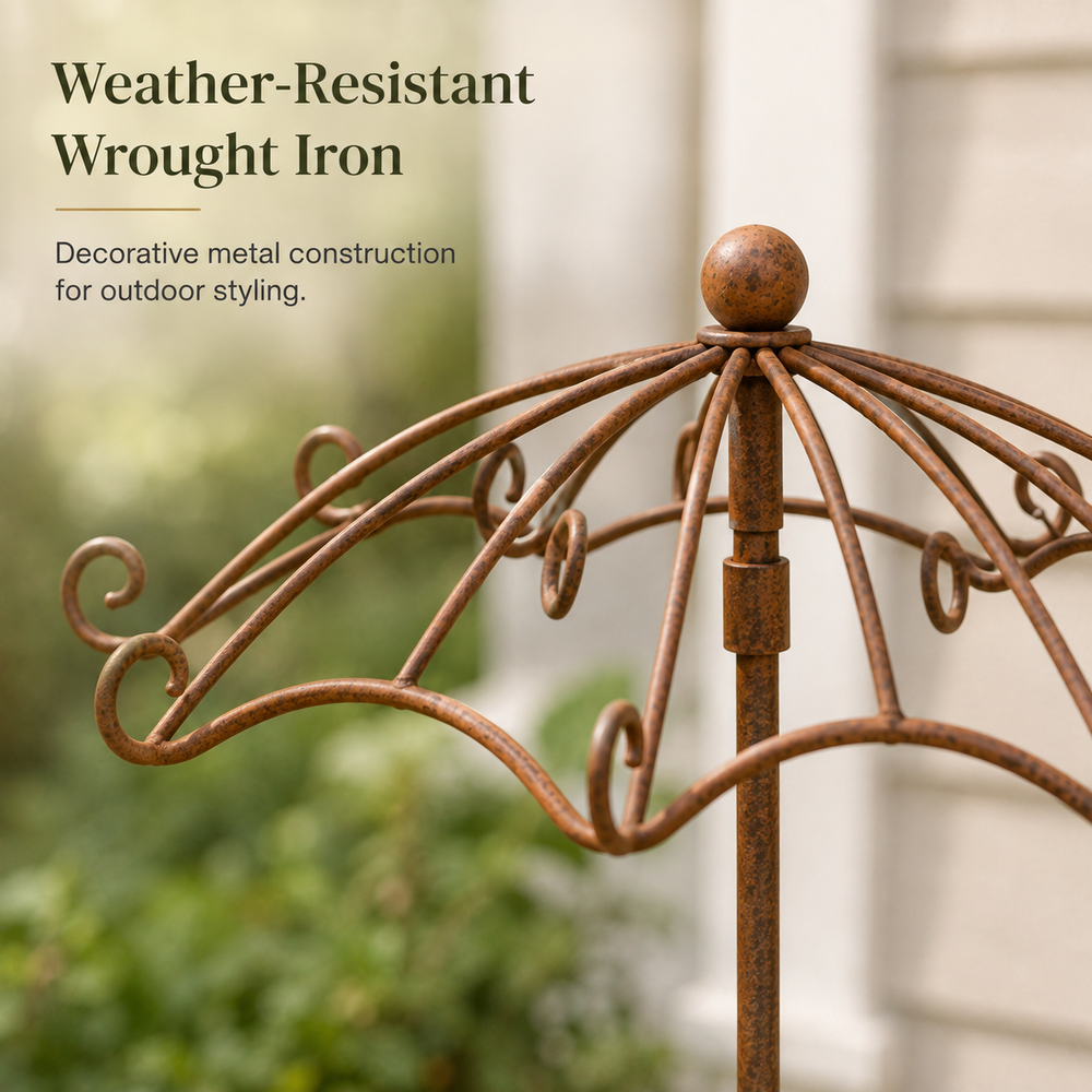 Wrought iron vintage umbrella garden trellis detail
