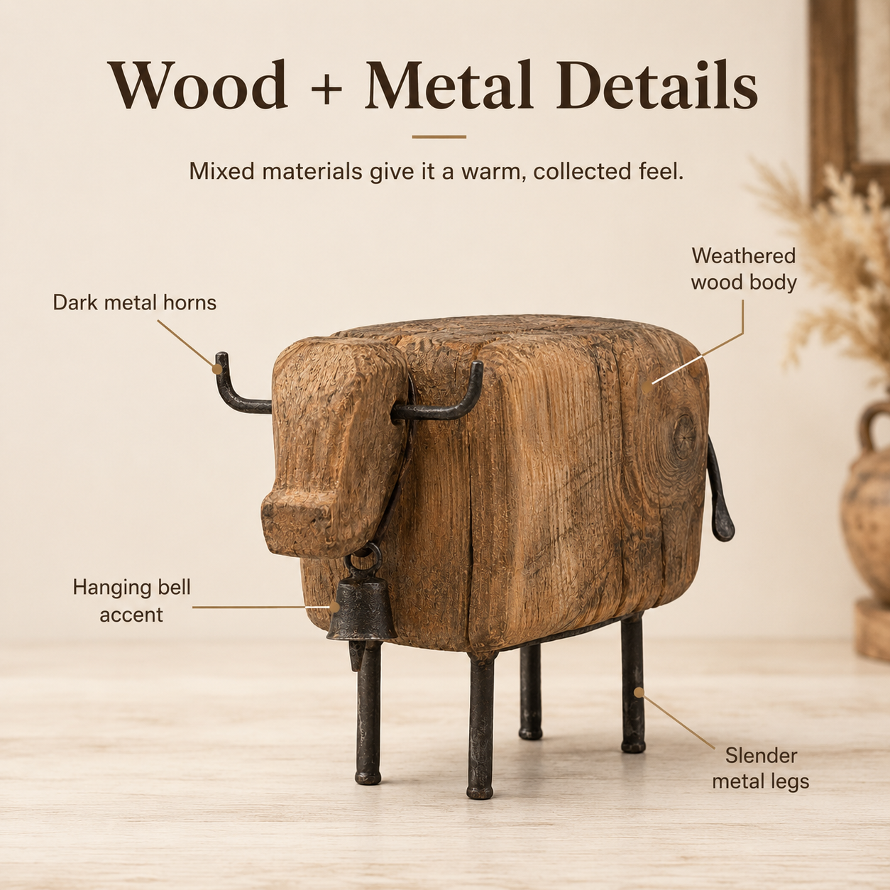 Wood and dark metal details of the vintage cow figurine
