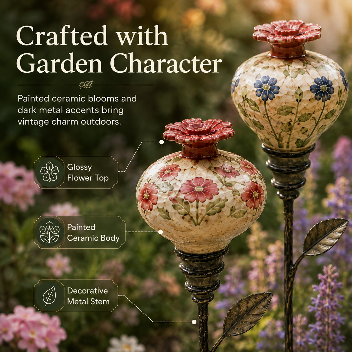 Decorative ceramic hummingbird feeder and metal garden stake