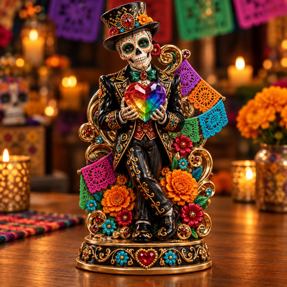 Fiesta Heart Catrin figurine holding a colorful rainbow heart