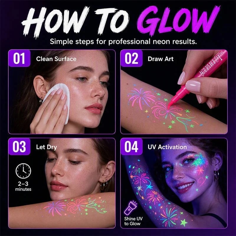 ✨ Neon Glow Body Art Pens – Colorful Party Tattoo Drawing Set