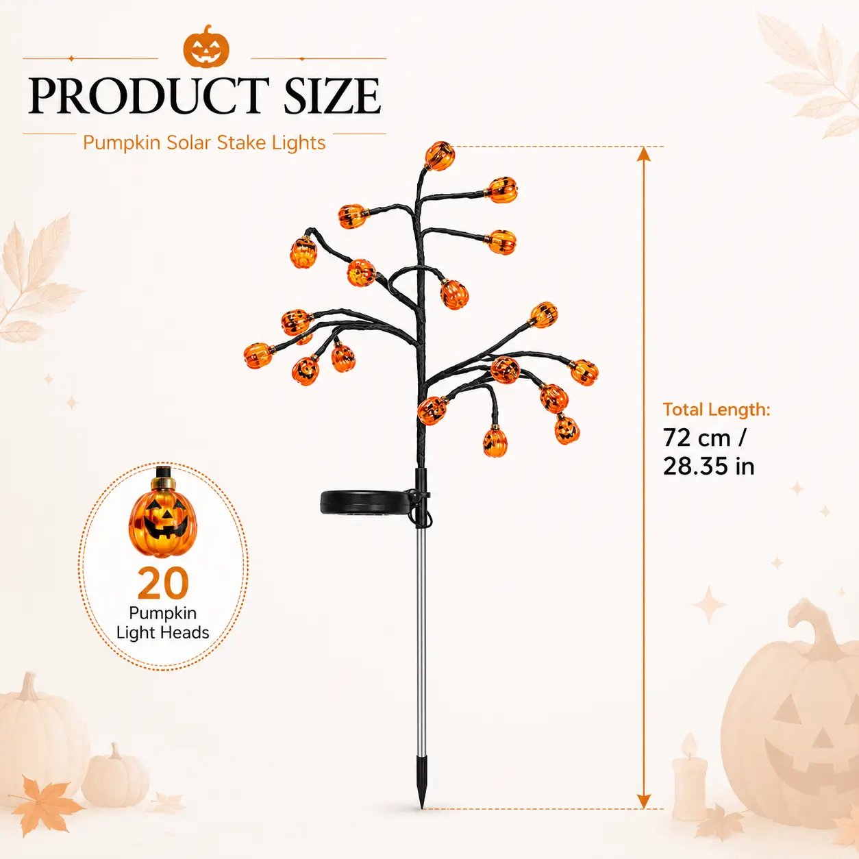 Solar Pumpkin Stake Lights, 20-Head Halloween Garden Lights with 8 Lighting Modes & Auto On/Off