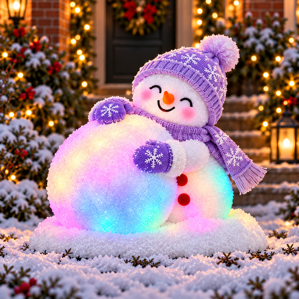 Snowball Buddy snowman in lavender knit hat, matching scarf and mittens smiling while hugging a large glowing snowball