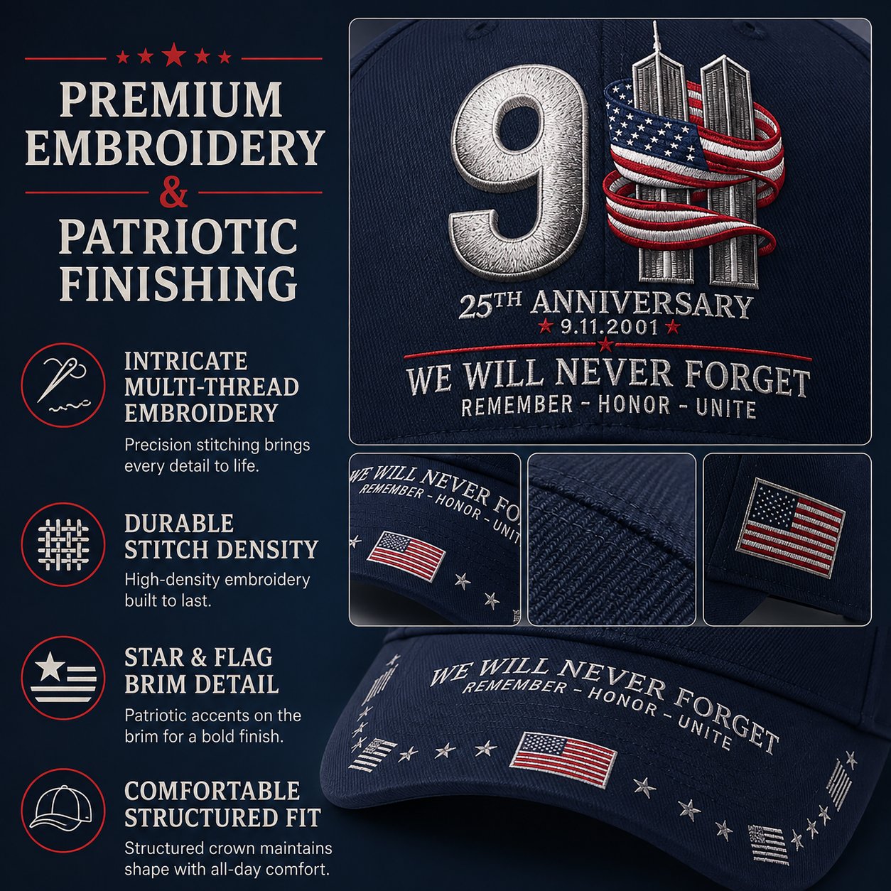 Close-up embroidered details on 9/11 memorial cap