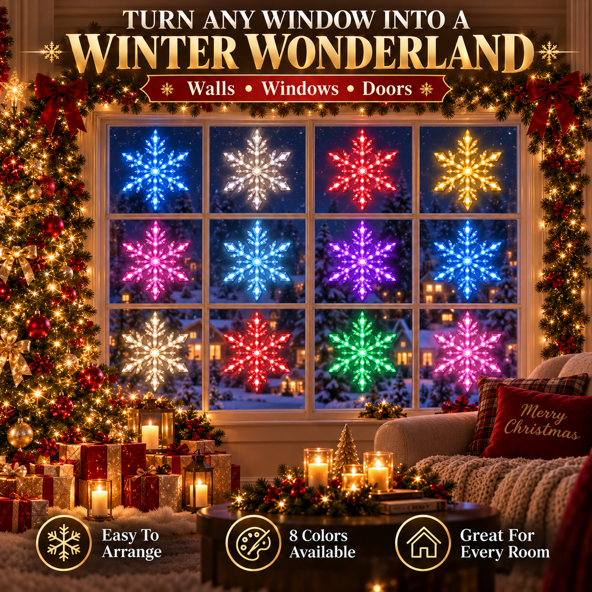 Snowflake wall lights around Christmas tree