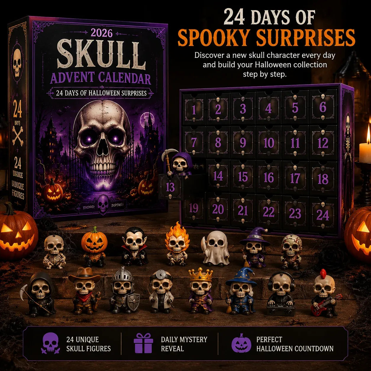 ⏳ Last Day 49% OFF – 💀 2026 Skull Halloween Advent Calendar | 24 Unique Collectible Skull Characters with Vampire, Pirate, Wizard & Monster Designs 🎃