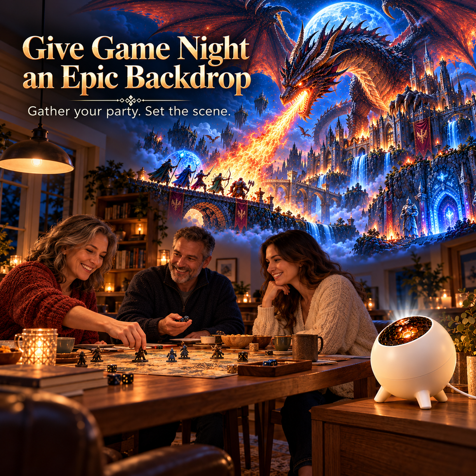 Friends enjoying a fantasy game night under dragon-and-castle-themed ceiling lighting