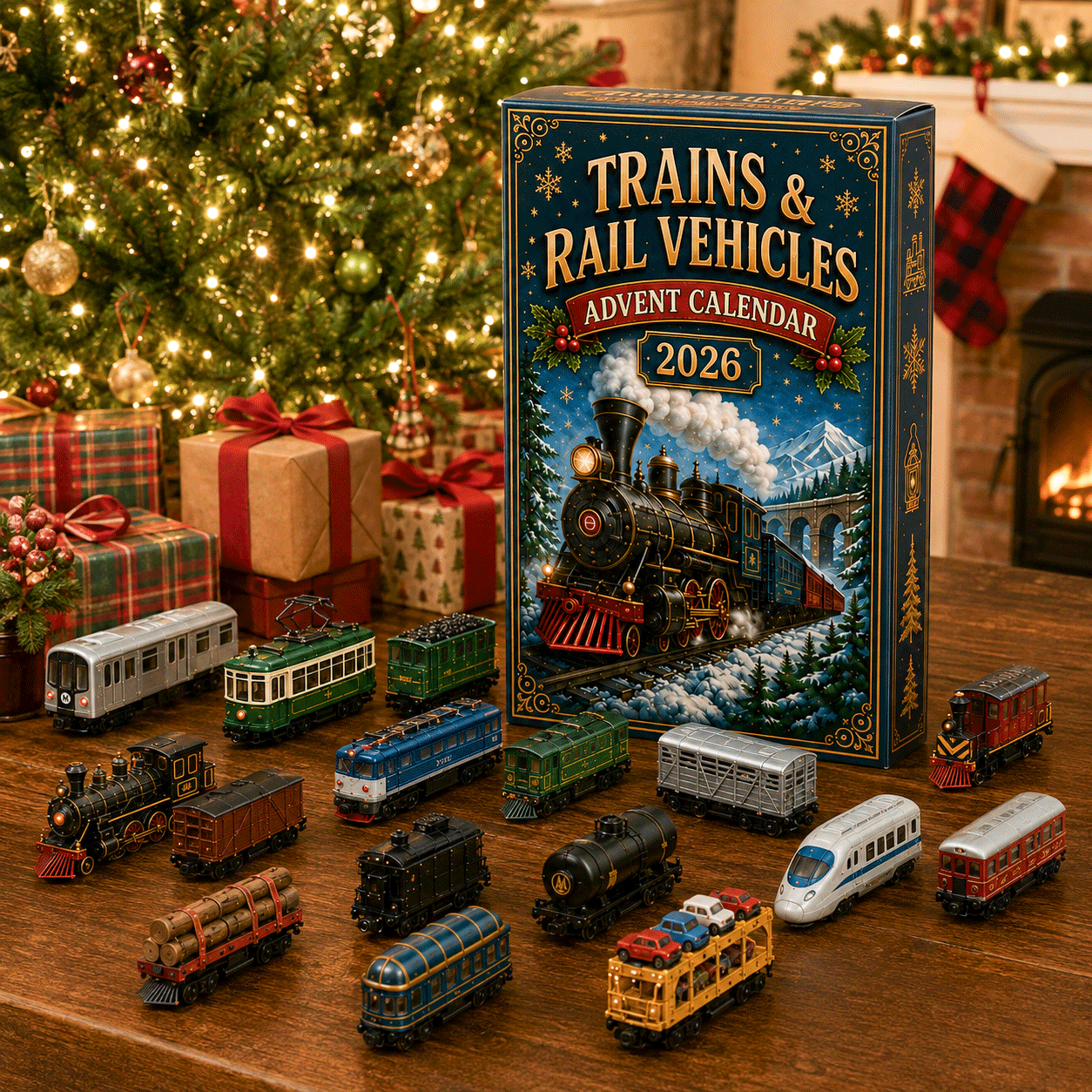 Trains and Rail Vehicles collection displayed beside Christmas Advent Calendar