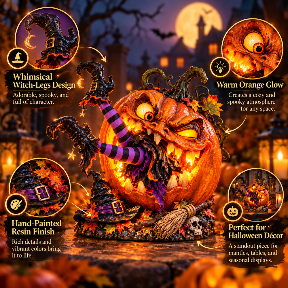 Halloween pumpkin lamp feature guide showing upside down witch legs, orange lighting, textured finish and tabletop decorations