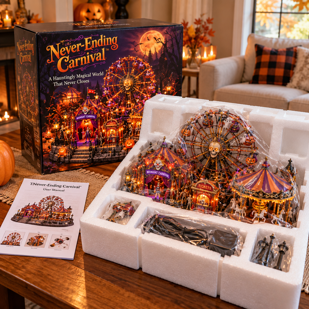 Conceptual unboxing scene of Never-Ending Haunted Carnival with decorative packaging and protective inserts
