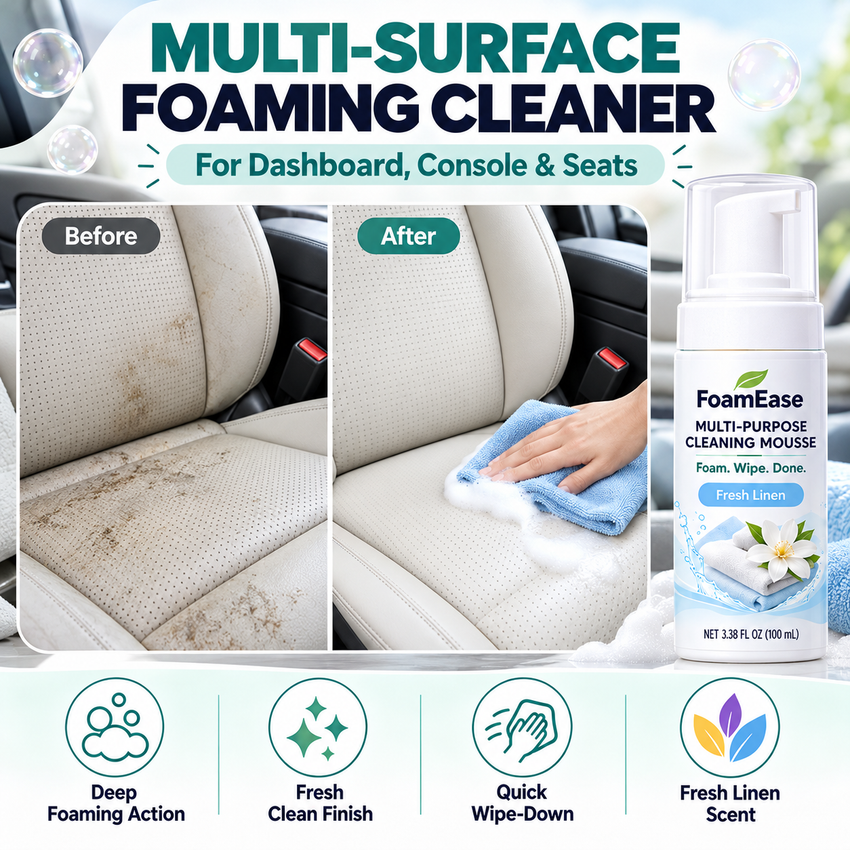 FoamEase Fresh Linen illustrated car interior cleaning before and after