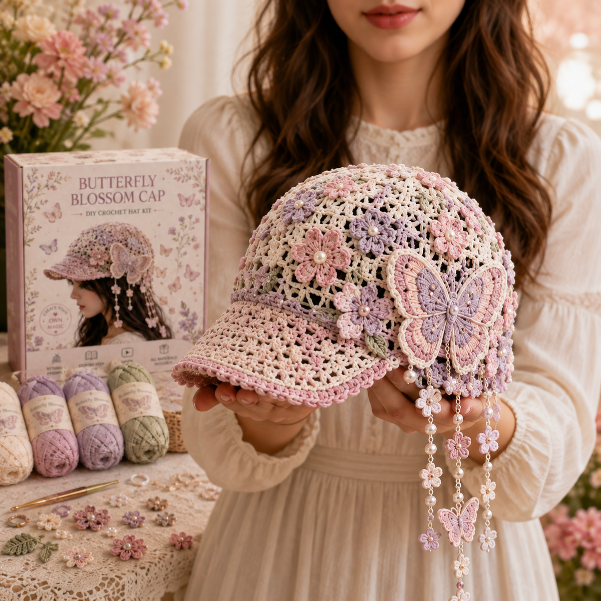 Woman holding finished Butterfly Blossom Cap
