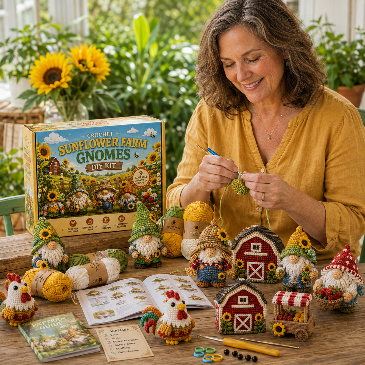 Woman crocheting Sunflower Farm Gnomes