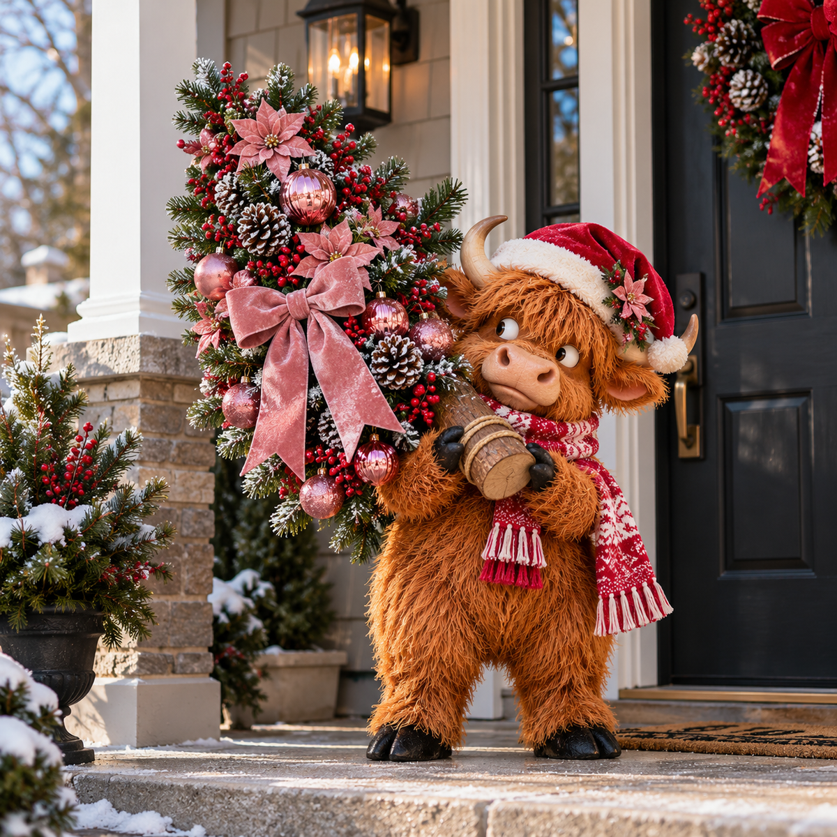 🎄🐮 Pinkmas Tree Bandit™ – Funny Lighted Highland Cow Carrying a Sparkling Pink Christmas Tree, Whimsical Holiday Porch Decor 🎀✨