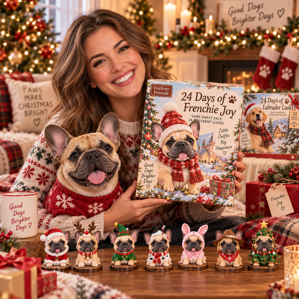 French Bulldog owner with Frenchie advent calendar