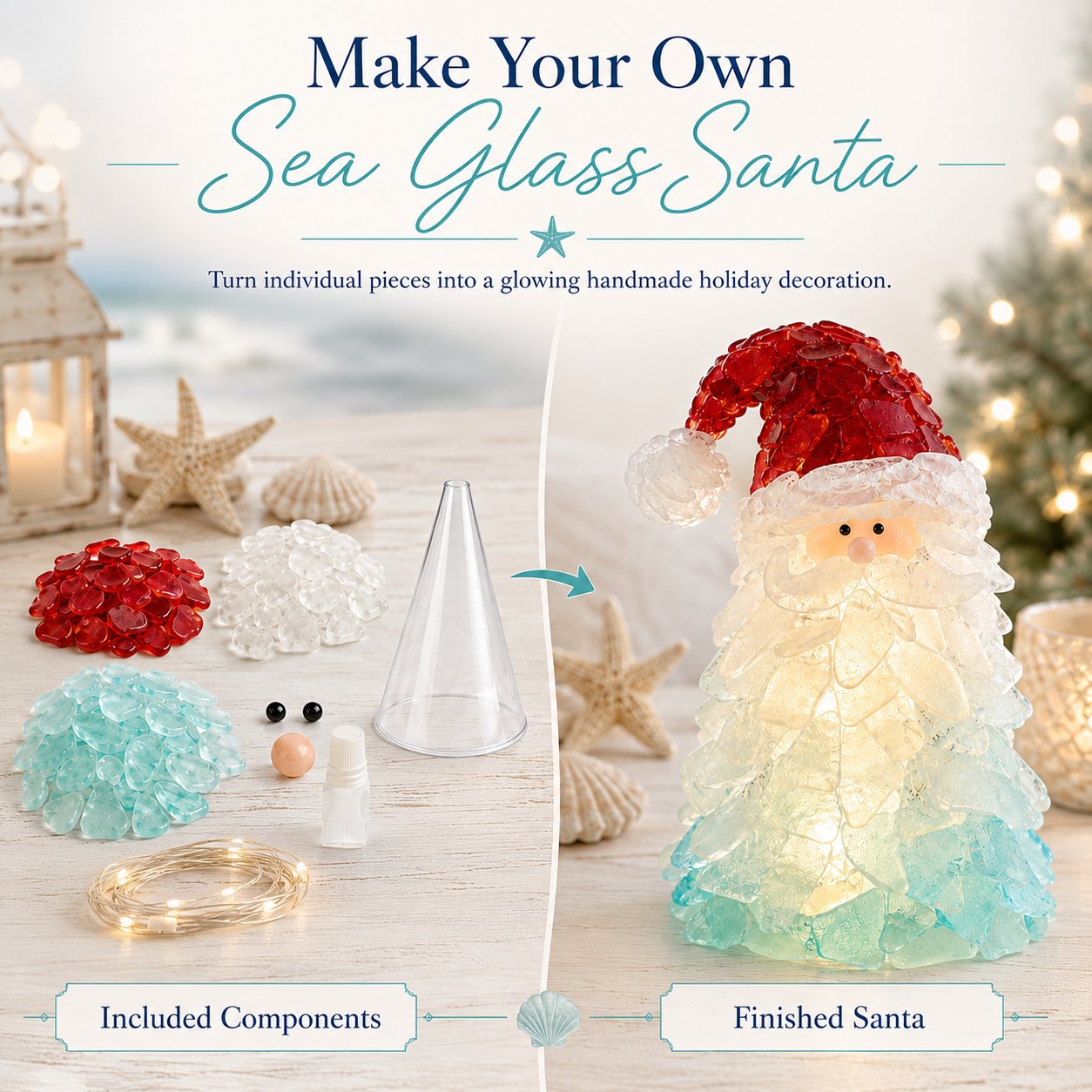 Sea glass Christmas DIY kit pieces transformed into finished glowing Santa