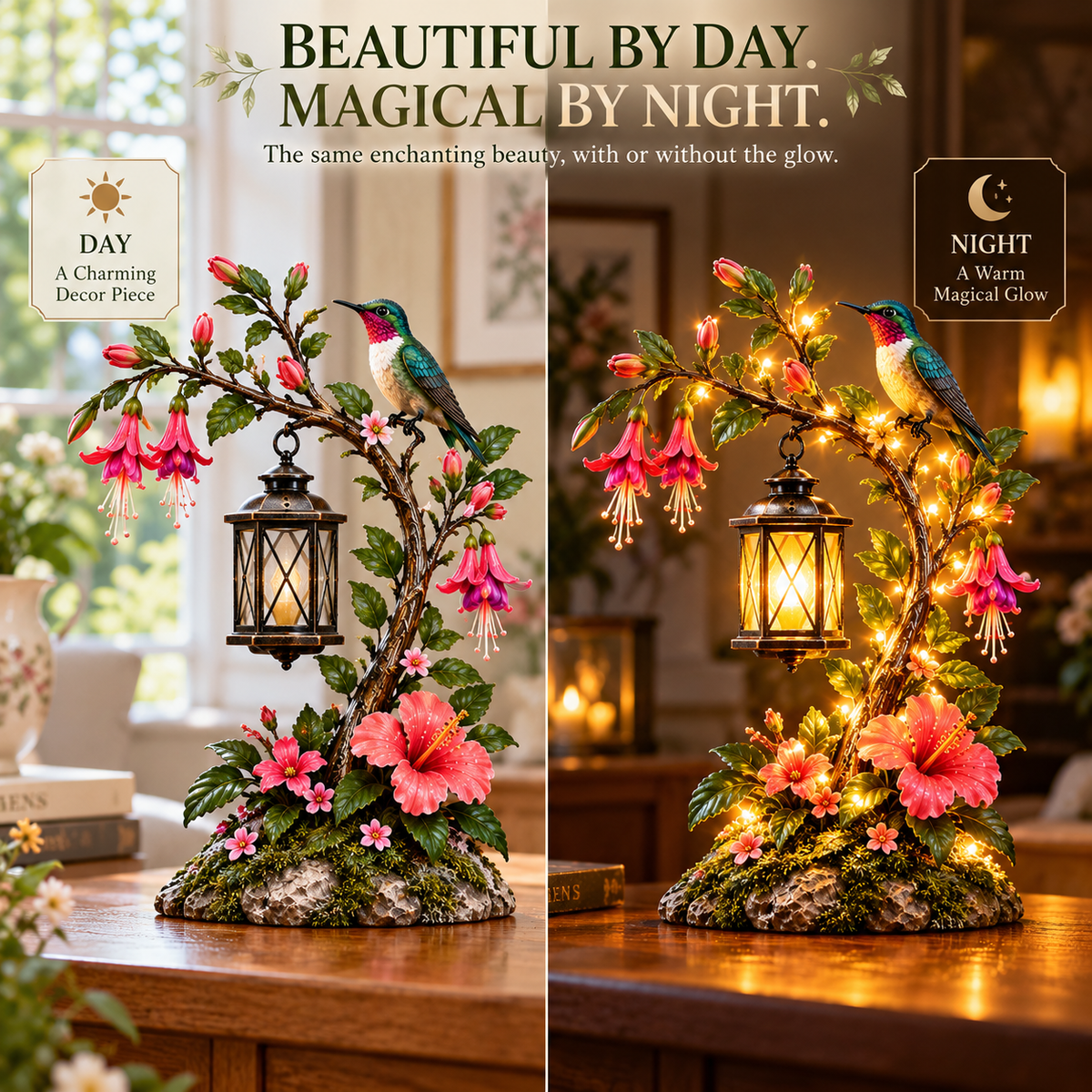 Hummingbird lantern day and night comparison