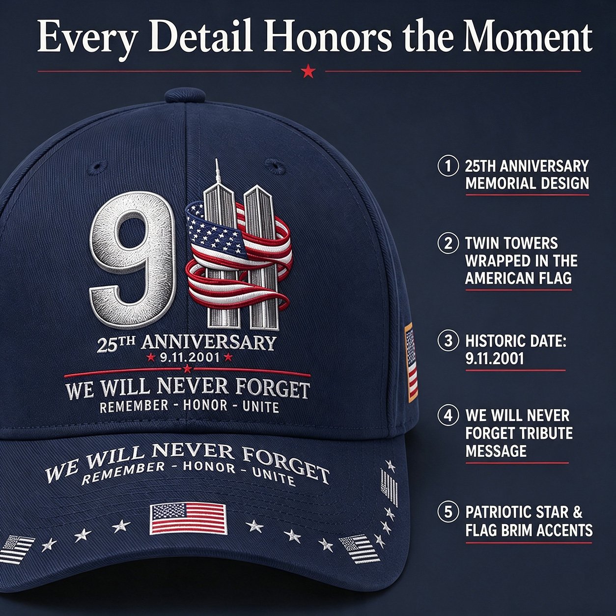 9/11 memorial cap embroidered design details