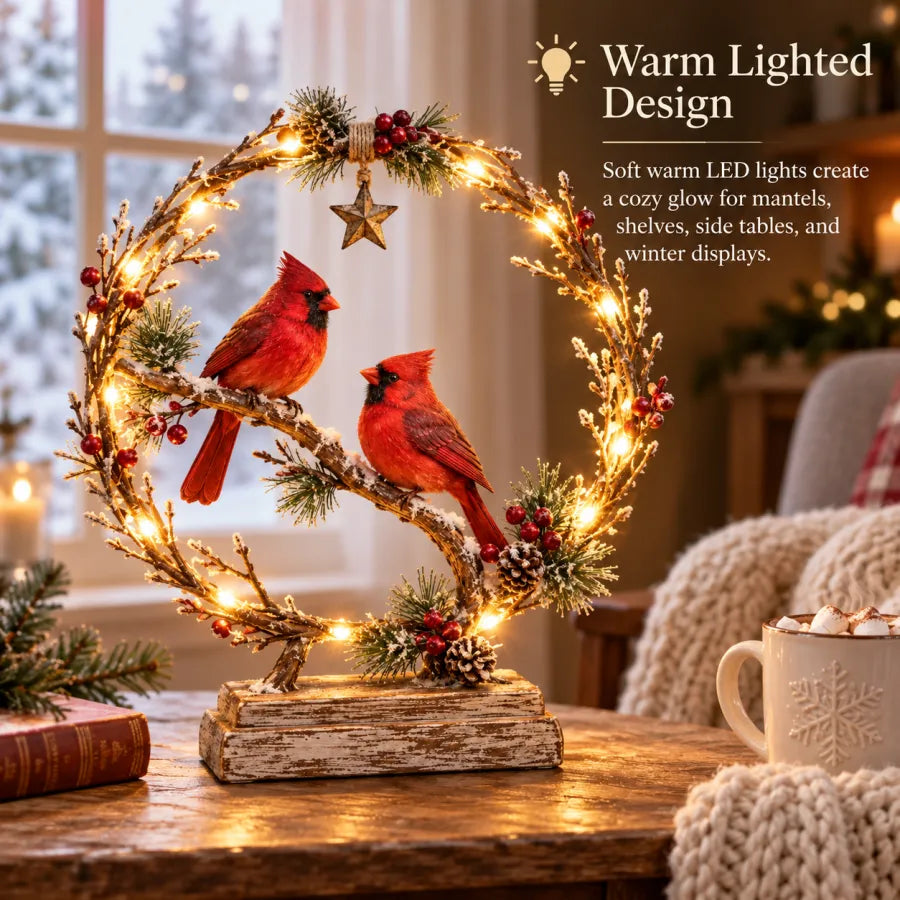 🔥🎁Lighted Cardinal Tabletop Decor, Rustic Red Cardinal Pair with Warm LED Lights