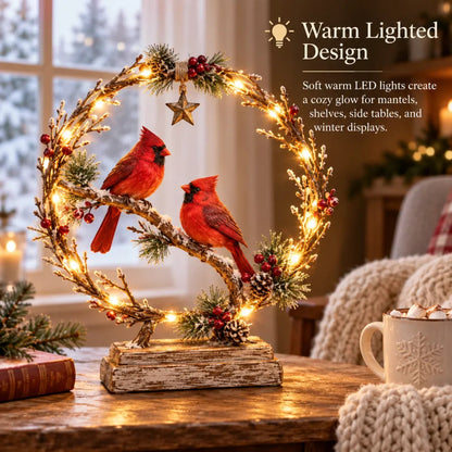 🔥🎁Lighted Cardinal Tabletop Decor, Rustic Red Cardinal Pair with Warm LED Lights