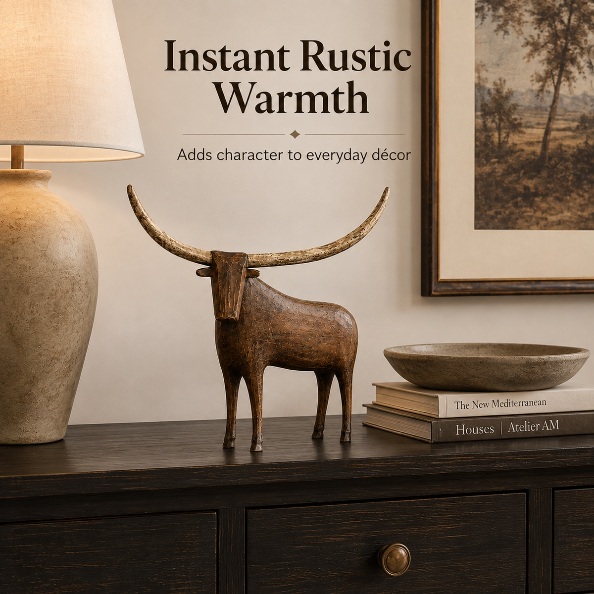 Vintage Longhorn Bull Sculpture interior decor