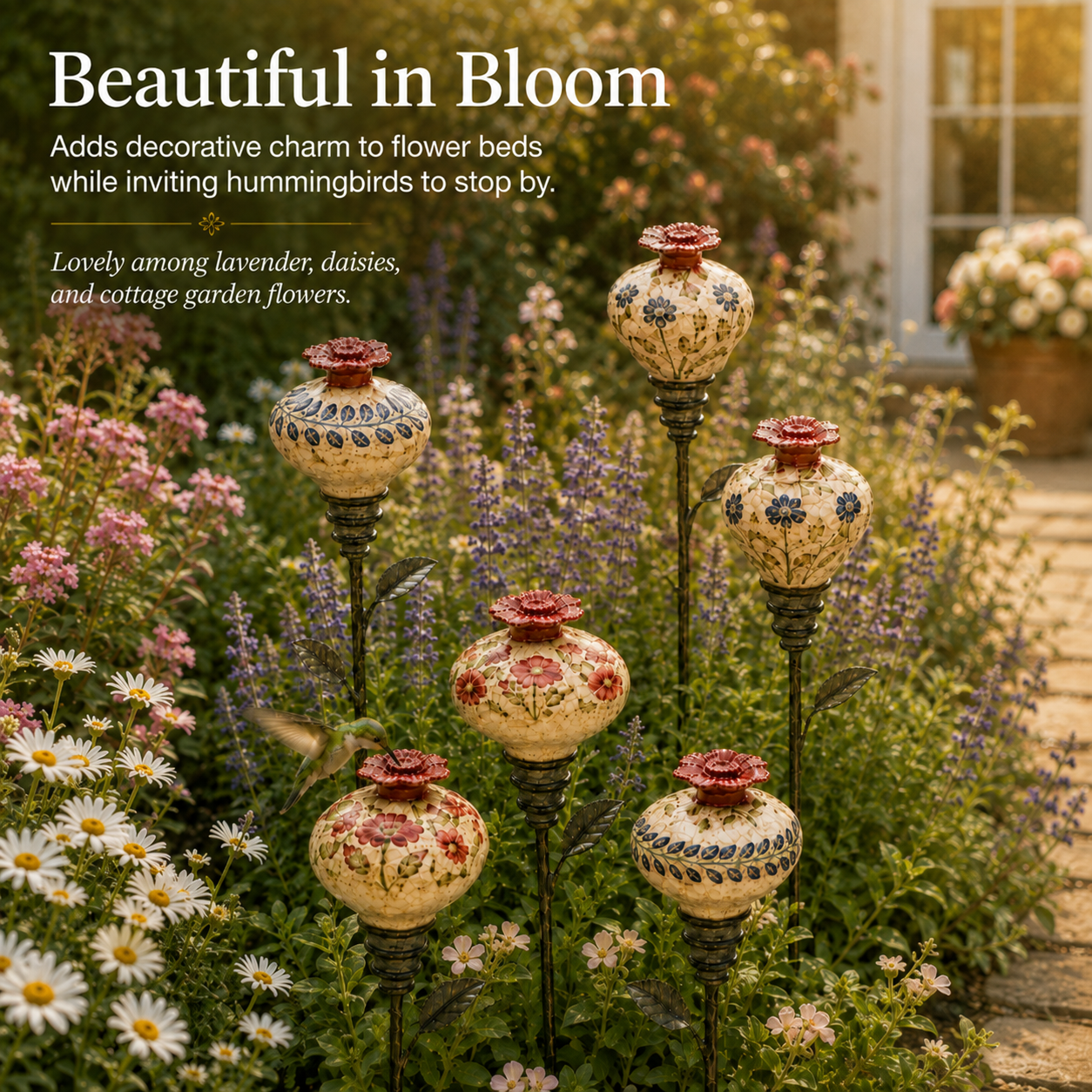Vintage ceramic hummingbird feeders among garden flowers