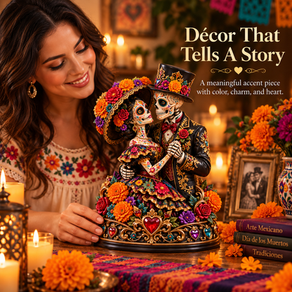 Woman displaying the colorful Eternal Love Catrina couple figurine at home