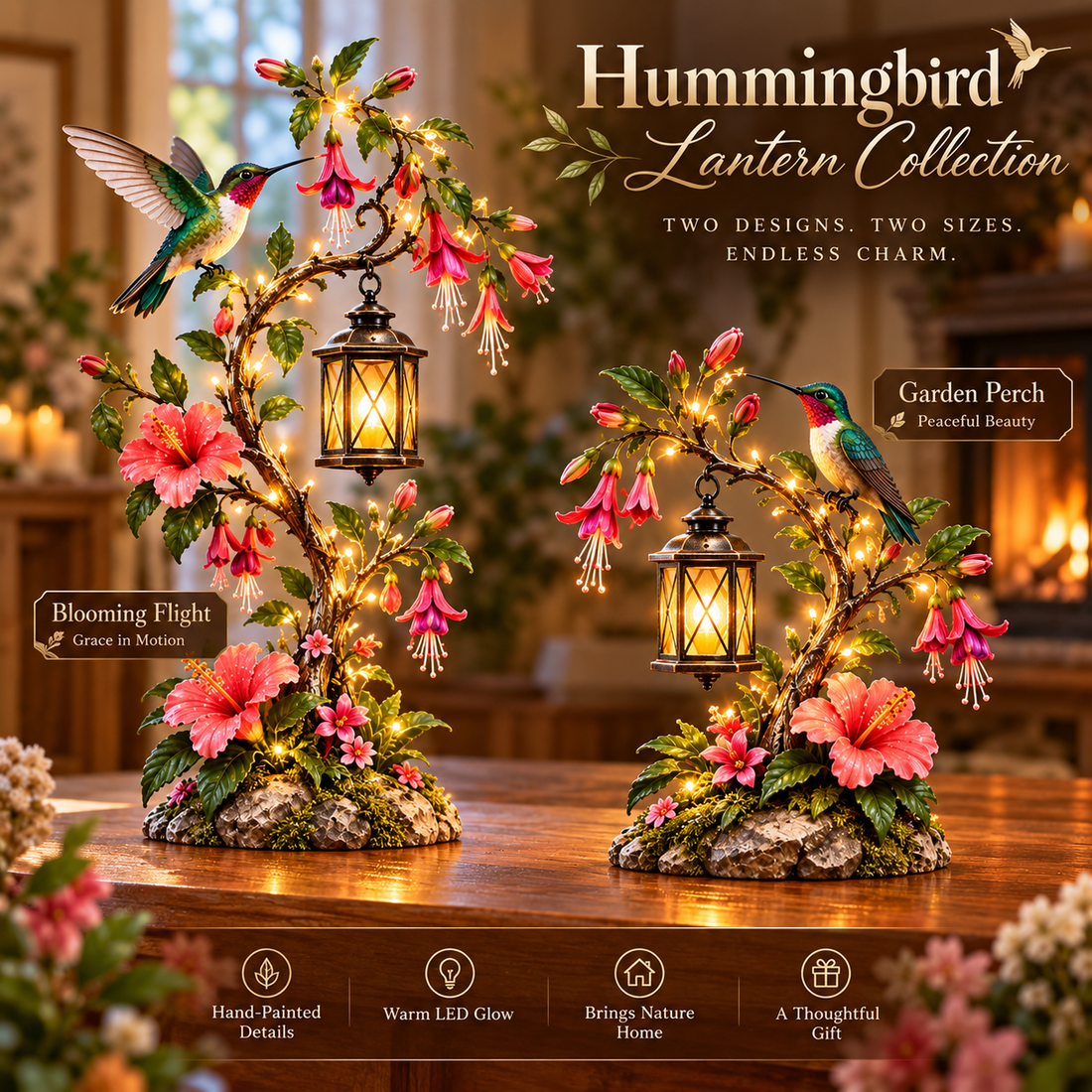 Hummingbird Garden Lantern Collection displayed as a matched pair in a warm room with flowering branches and LED lights