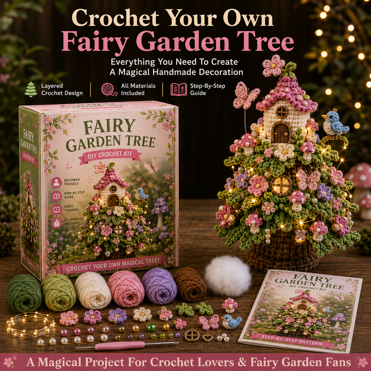 ✨🧚 Fairy Garden Tree DIY Crochet Kit 🌸🍓🍄🐝