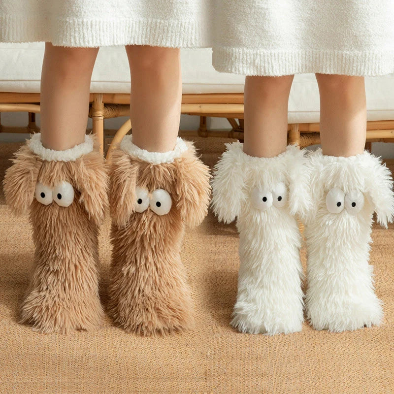 Cute fluffy monster slippers socks with big cartoon eyes