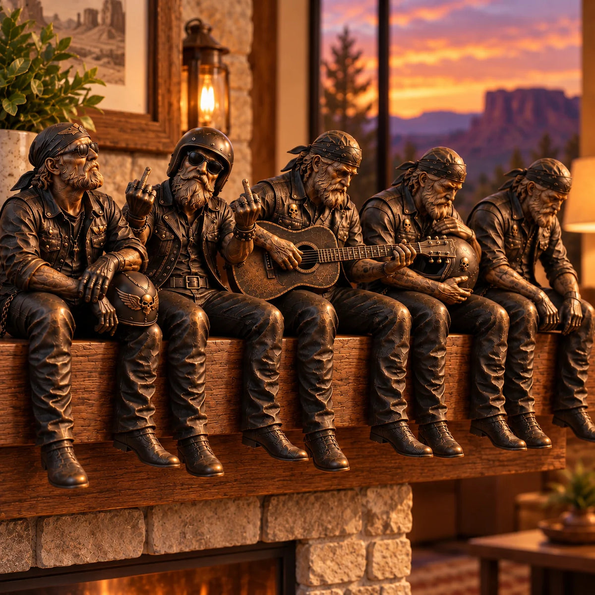 🏍️ Old Biker Soul™ – Vintage Motorcycle Rider Shelf Sitters | 5 Collectible Biker Figurines, Rustic Man Cave Decor & Gifts for Dad 🖤