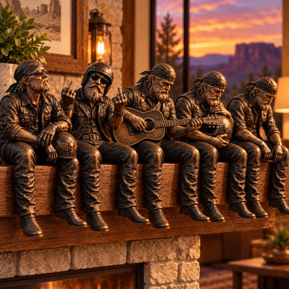 🏍️ Old Biker Soul™ – Vintage Motorcycle Rider Shelf Sitters | 5 Collectible Biker Figurines, Rustic Man Cave Decor & Gifts for Dad 🖤
