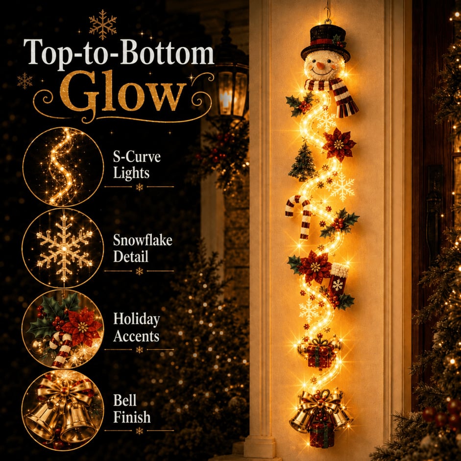 Close detail of light-up Christmas snowman door hanger