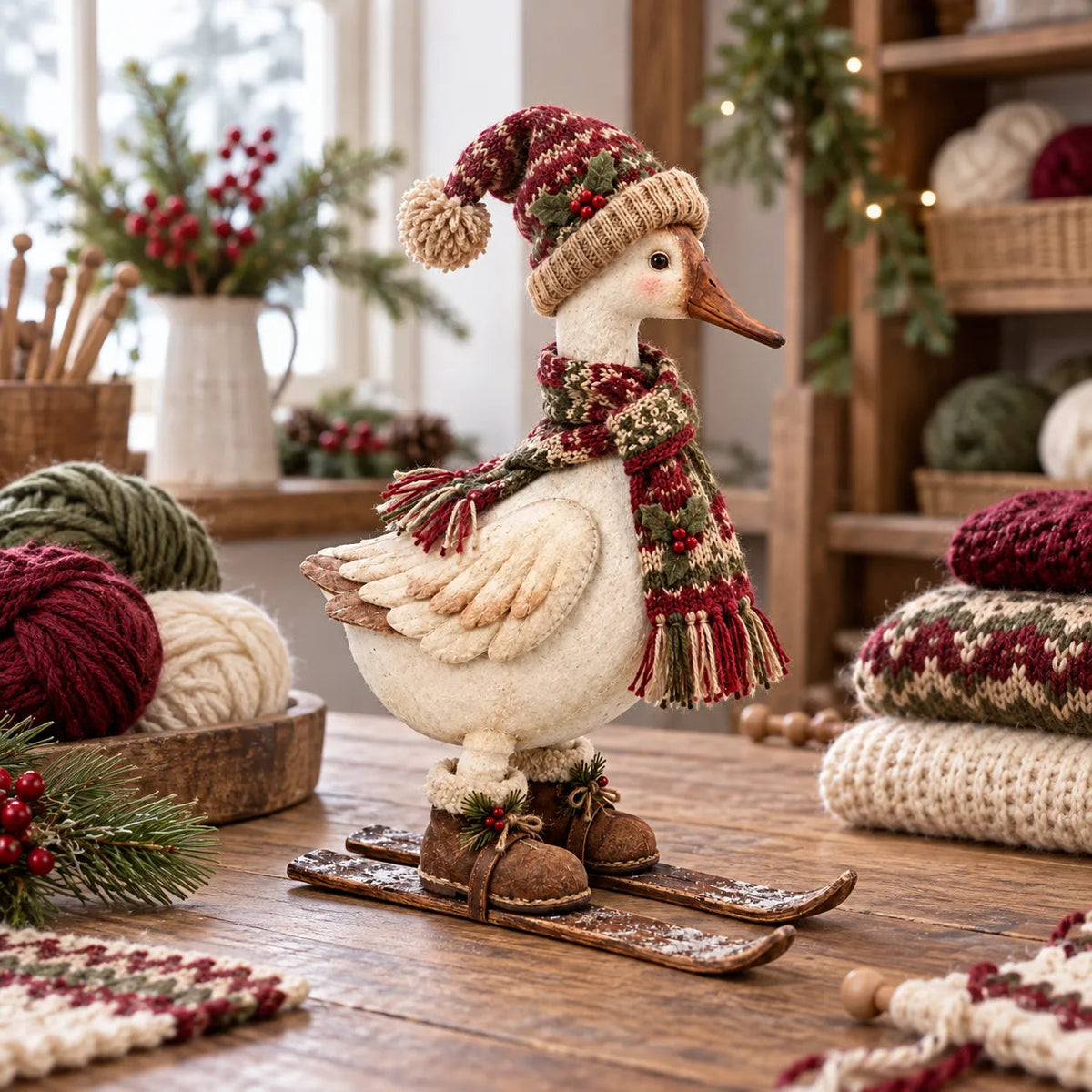 Vintage skiing goose with winter hat scarf and wooden skis