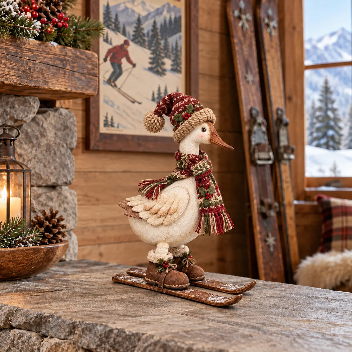 Skiing goose displayed on a Christmas mantel